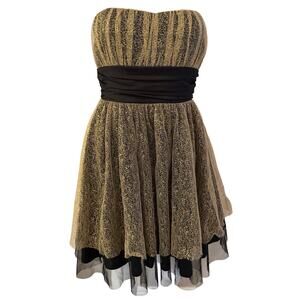 Mystic Strapless Gold Lace Cocktail Dress Black Sash Belt Fit & Flare Bow Small